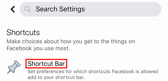 Facebook Shortcut bar Settings